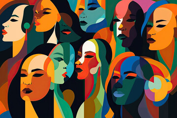An abstract representation of diverse women with unique shapes and colorful faces, illustrating the beauty of diversity and individuality.. Generative Ai