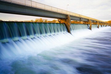 Long exposure shot of a long bridge with rushing water cascading from the dam beneath it