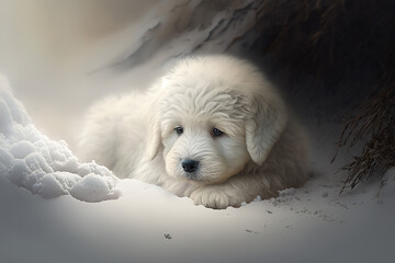 golden retriever puppy in snow, generative ai