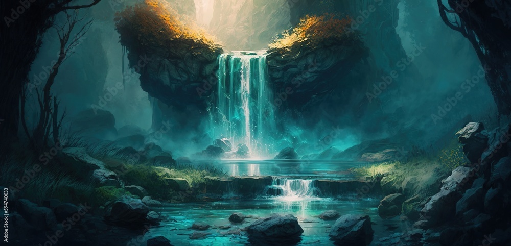 Poster illustration of a fantastical notion in the form of a digital painting of a waterfall in the woods g