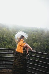 Fototapeta na wymiar Young girl with an umbrella sitting on a bridgeand enjoying the view of a lush forest landscape