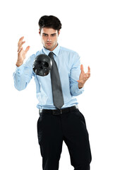Magic, levitation and businessman with a skull head for an occult, voodoo or halloween trick....