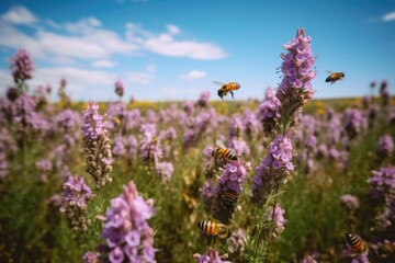 Fototapeta premium Photo of flowers and bees in the meadow
