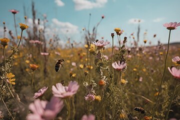 Photo of flowers and bees in the meadow
