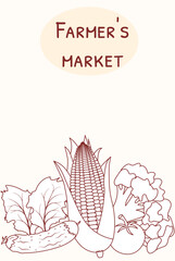 Farmers market poster. Corn, cucumber, tomato, broccoli and lettuce. Fresh organic produce from the local farmers' market.