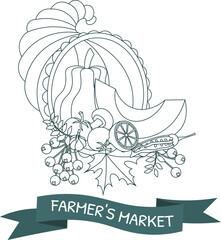 Farmer's market poster. Cornucopia with vegetables and an award ribbon with an inscription. Farmers market poster collection. Vector banner templates with inscription for local food fair.