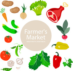 Farmer's market poster. White inscription farmer's market on a gray circle, vegetables and meat. Farmers market poster collection. Vector banner templates with inscription for local food fair.