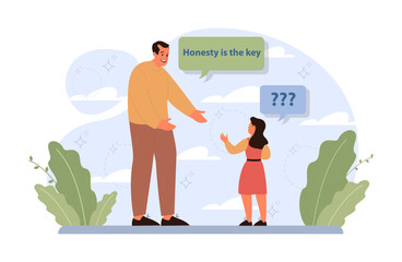 Fatherhood concept. Father teaching daughter about honesty. Little girl