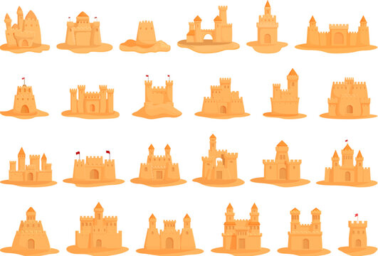 Sand castle icons set cartoon vector. Water figure. Summer seaside