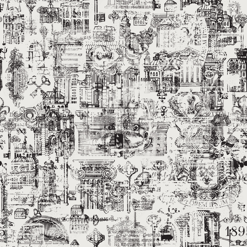 Poster abstract grunge seamless pattern on ancient architecture and art. hand-drawn vector background with 