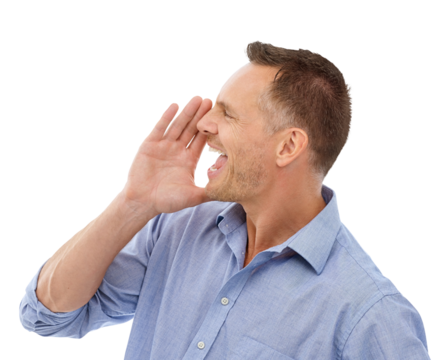 Shouting, side or businessman with an announcement screaming or yelling for a sales promotion. Voice opinion, conversation or mature person in communication isolated on transparent png background