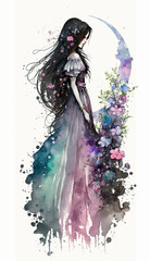 watercolor woman with long black hair and dress, moon and flowers in background, cosmic, whimsical, pink, blue, purple on white background, ai generative