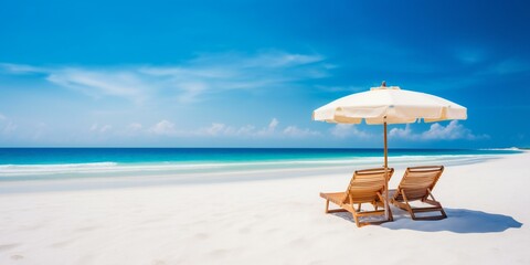 Beautiful beach banner. White sand, csunbeds and umbrella travel tourism wide panorama background concept. Amazing beach landscape. Generative AI