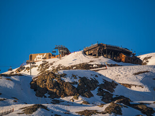 Ski lift on mountain slope in Alpe D'Huez ski resort - France