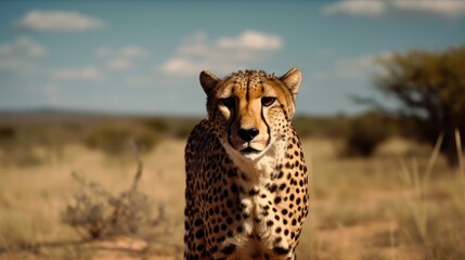 Obraz premium Cheetah in a cinematic savanna background with beautiful colors generative ai