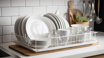 Fototapeta na wymiar Dish drying rack with different clean plates Generated AI