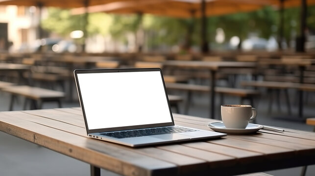 Laptop computer mock-up with cut out screen on background of coffee shop. Based on Generative AI