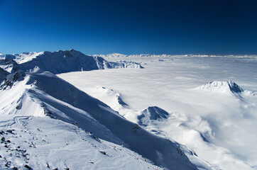 winter high mountain landscape, ski resort, French Alps - 594742662