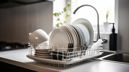 Dish drying rack with different clean plates Generated AI