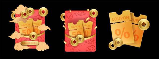 3D coupon pocket, lucky red Chinese envelope, vector sale promotion design golden money coin. Traditional asian fortune voucher oriental e-commerce shopping promo discount card. Chinese holiday coupon - obrazy, fototapety, plakaty