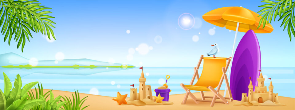 3D beach background, cartoon ocean tropical vector landscape, sand castle, surfboard, sun umbrella. Vacation exotic seashore nautical view, chair, island gull season journey. Sunny beach background