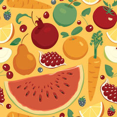 Seamless pattern with various whole and sliced fruits, berries, vegetables. Summer vector background with juicy fruits, suitable for wallpaper, wrapping paper, fabric, textile, design.