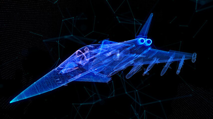 Fototapeta na wymiar Fighter jet. Glow particles virtual Air plane. Aviation air force technology