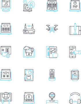 Parallel computing linear icons set. Concurrency, Multithreading, Distributed, Cluster, GPU, SIMD, Scalability line vector and concept signs. Performance,Multicore,Cache outline illustrations