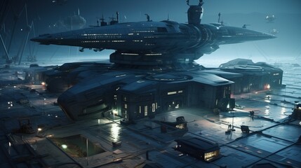 Space ships facility in a futuristic world of tommorow. Generative Ai