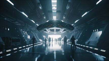 Obraz premium Space ships facility in a futuristic world of tommorow. Generative Ai