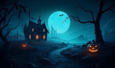 Halloween background with tombs, trees, bats, tombstones, gravey generated ai