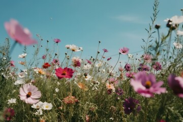 Obraz na płótnie Canvas Photo of colorful flowers in a field on sunny day