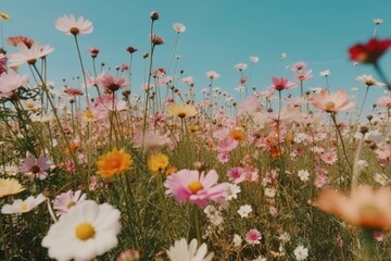 Photo of colorful flowers in a field on sunny day