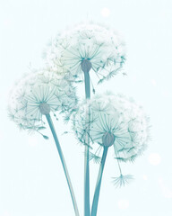 Delicate and soft illustration with dandelions. Generative AI art