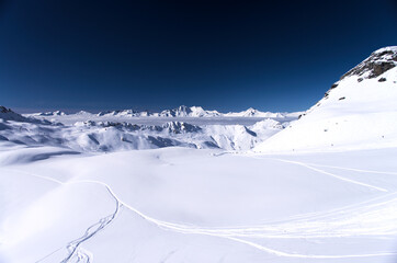 winter high mountain landscape, ski resort, French Alps - 594743416