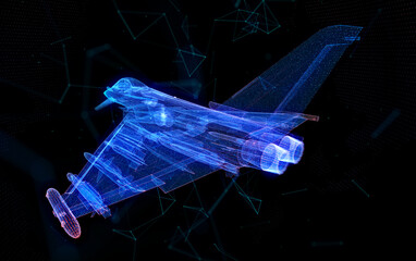 Fototapeta na wymiar Jet in flight from polygonal line. Low poly air plane in glow lines and connected to form. Virtual technology visualization of 3d