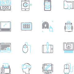 Gadget linear icons set. Smartph, Laptop, Tablet, Camera, Headphs, Earbuds, Smartwatch line vector and concept signs. Fitness-tracker,VR-headset,Drives outline illustrations