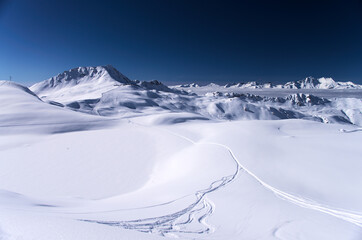 winter high mountain landscape, ski resort, French Alps - 594743464