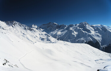 winter high mountain landscape, ski resort, French Alps - 594743644