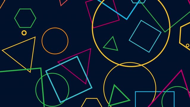 Abstract dark colorful geometric shapes background loop. Geometry shapes: square, triangle, circle, hexagon