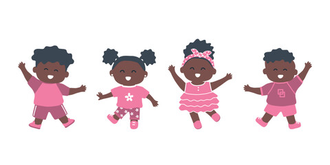 little black children dance. Group of black girls and black boys have fun. Cute cartoon characters. Vector illustration