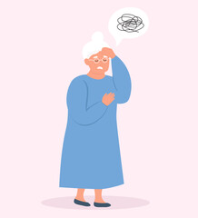 An elderly woman suffers from migraine, confusion, loss of memory. Mental age-related diseases. Vector flat graphics.