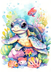Fototapeta na wymiar Cute little sea turtle. Generative AI watercolor illustration for kids