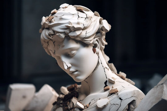 Broken ancient greek statue woman head falling in pieces. Broken marble female sculpture, cracking bust, concept of depression, memory loss, mentality loss or illness. AI generated