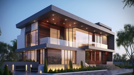 Fototapeta premium Scandinavian contemporary house exterior with panoramic glass windows to the forest, AI generatedKeywords language: English