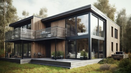 Nordic style airy and light  house exterior with wooden details, AI generated 