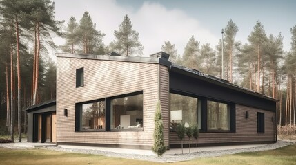 Fototapeta na wymiar Modern and nordic style luxury house exterior panoramic windows, AI generated with panoramic windows