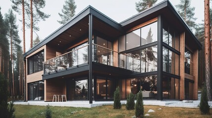 Nordic style airy and light  house exterior with wooden details, AI generated 