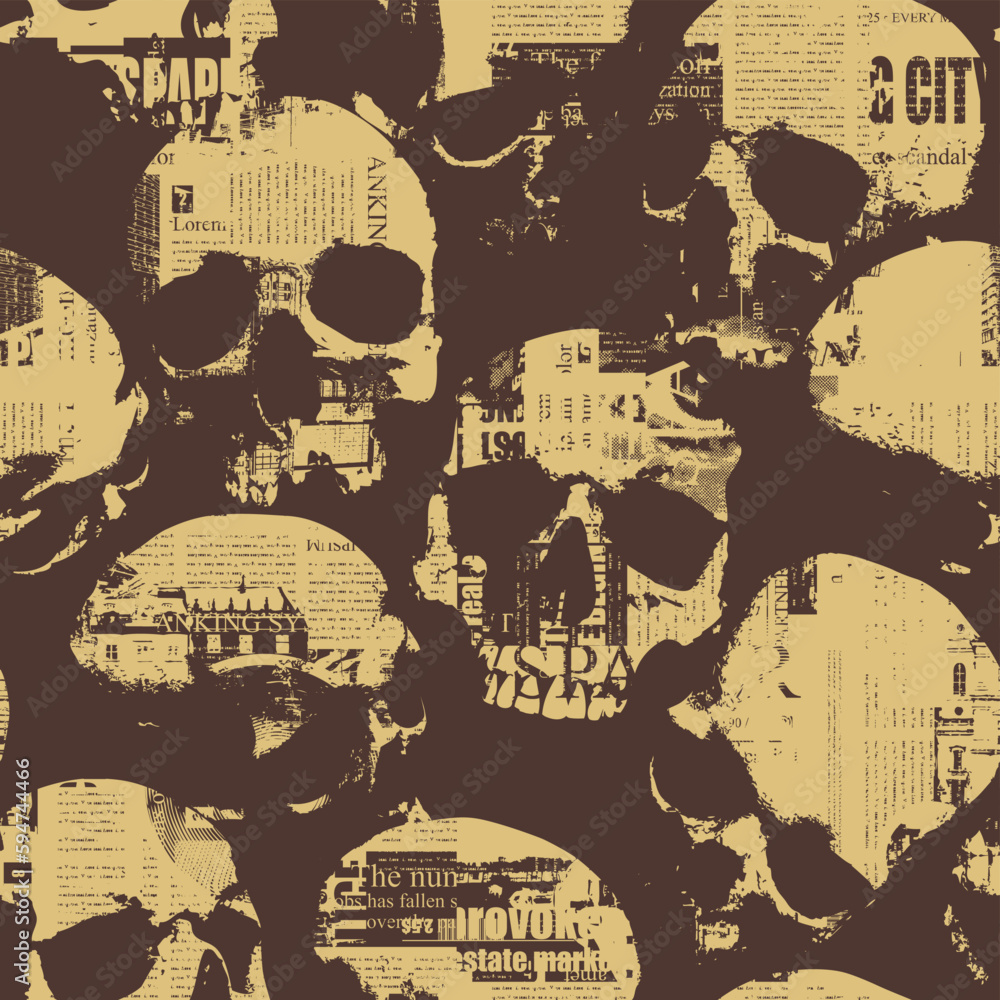 Poster seamless pattern with human skulls and texture of pieces of newspapers. vector background with sinis
