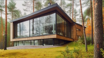 Scandinavian contemporary house exterior with panoramic glass windows to the forest, AI generated 